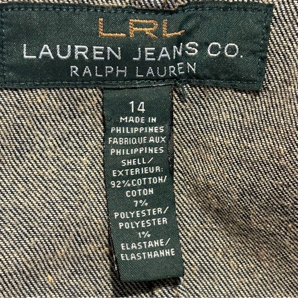 LAUREN RALPH LAUREN Sz 14 Denim Blazer Ruffle Wrist Brown Buttons Mid-Dark Wash - Picture 9 of 9